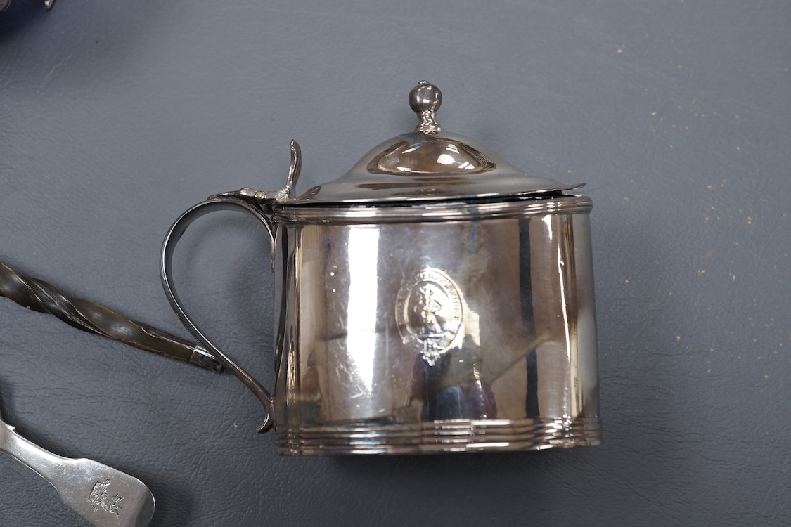 A George IIl silver oval mustard, Crispin Fuller, London, 1800, a matched pair of Victorian silver salts, one Irish, one English, two silver butter knives and assorted flatware including a William IV Irish silver caddy s